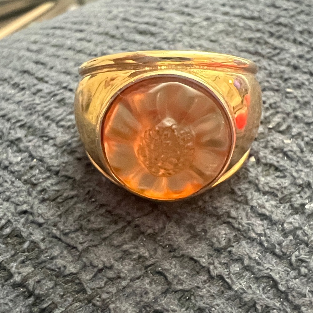 Lalique Gold-Tone Ring with Amber Flower Cabochon